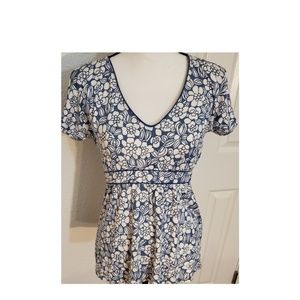 Boden Blue & White Floral Stretch Top Size 8